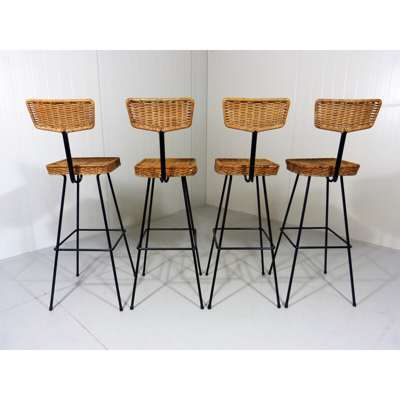 Set of 4 Rattan Bar Stools - 1950s