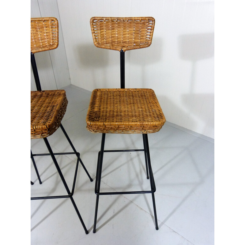 Set of 4 Rattan Bar Stools - 1950s