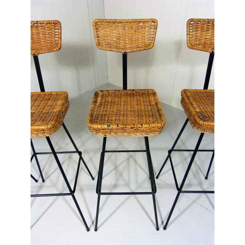 Set of 4 Rattan Bar Stools - 1950s