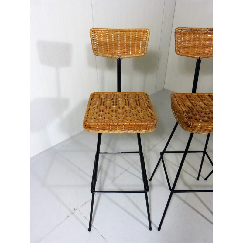 Set of 4 Rattan Bar Stools - 1950s