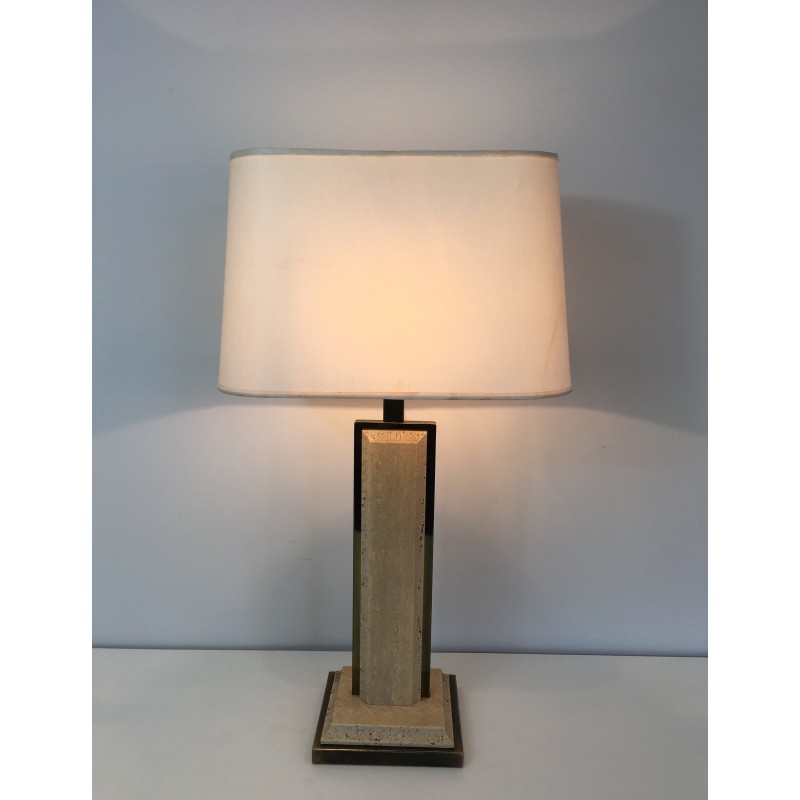 Lampe vintage en travertin et métal doré, 1970