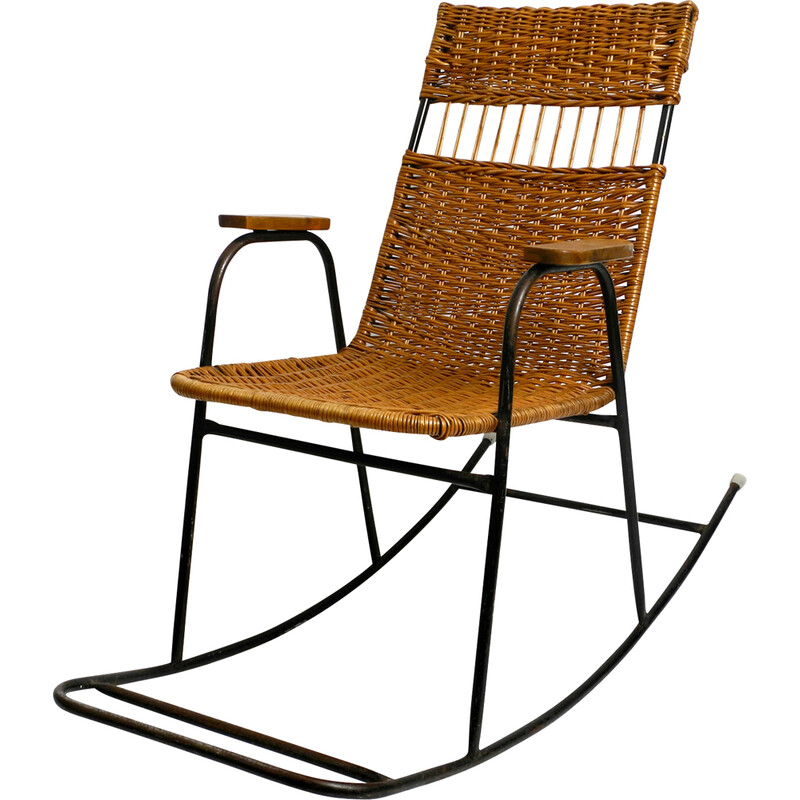 Mid century rocking chair in black painted metal and rattan