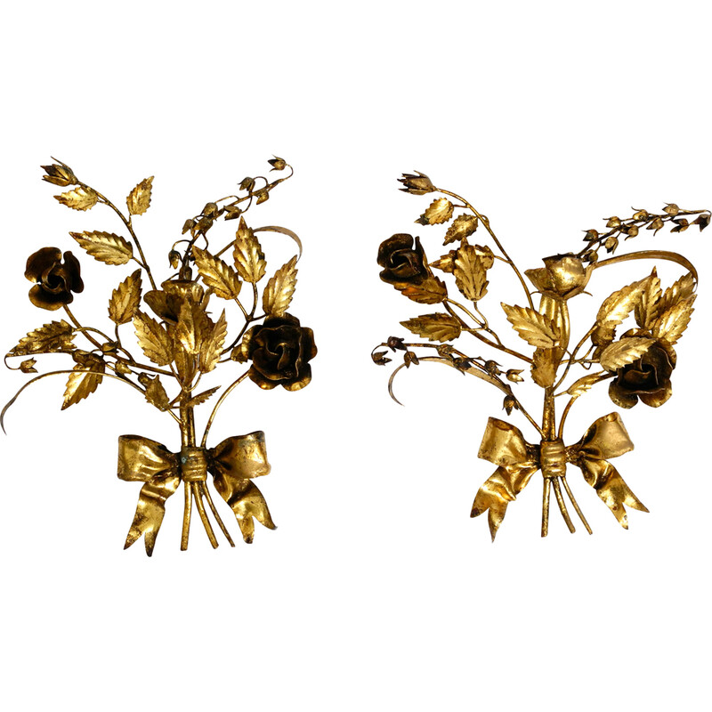 Pair of vintage gilded metal Florentine candlesticks and wall decoration, 1950s