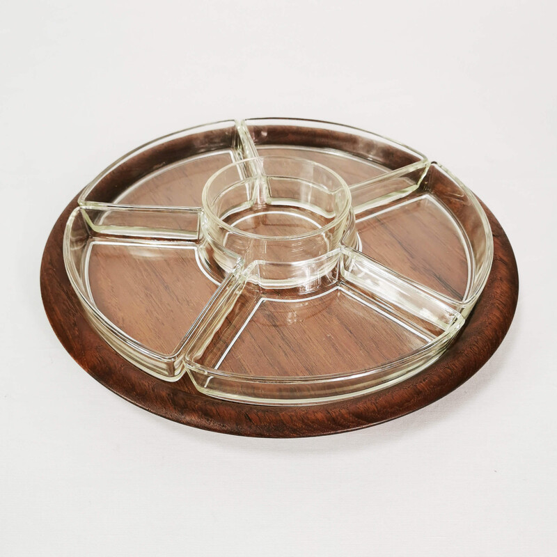 Set da tavola vintage in teak e vetro per antipasti, Danimarca 1960