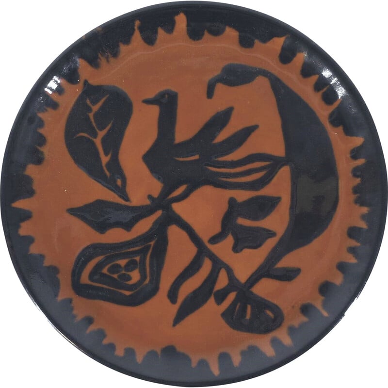 Piatto vintage in ceramica smaltata con disegno di uccello di Jean Lurçat, 1950
