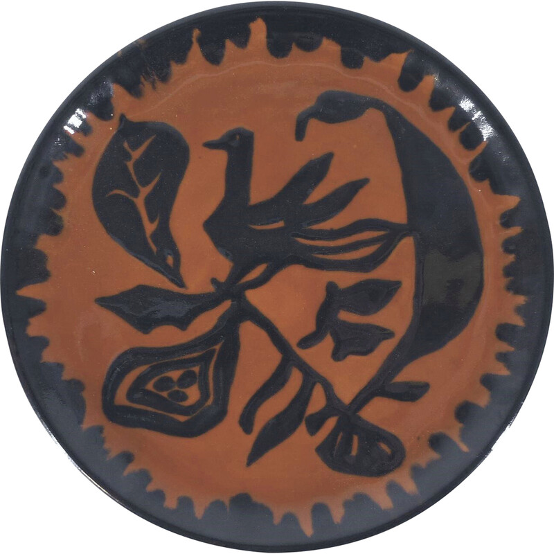 Vintage glazed ceramic plate with bird design by Jean Lurçat, 1950