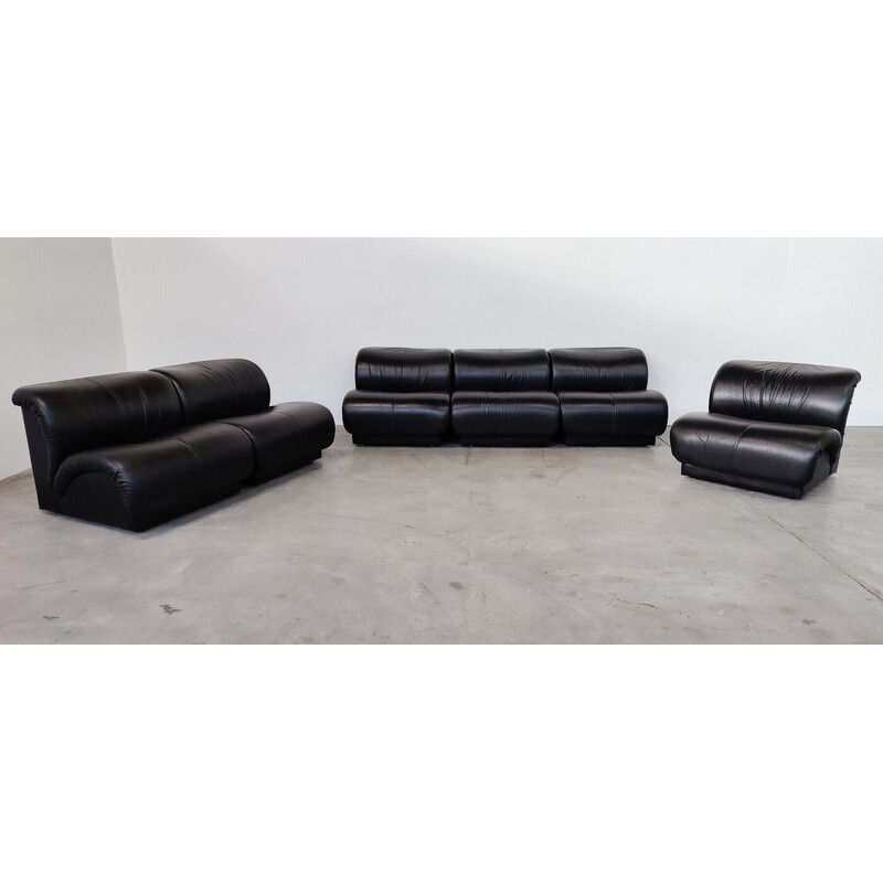 Mid-century black leather living room set by Doimo Salotti, Italy 1970s