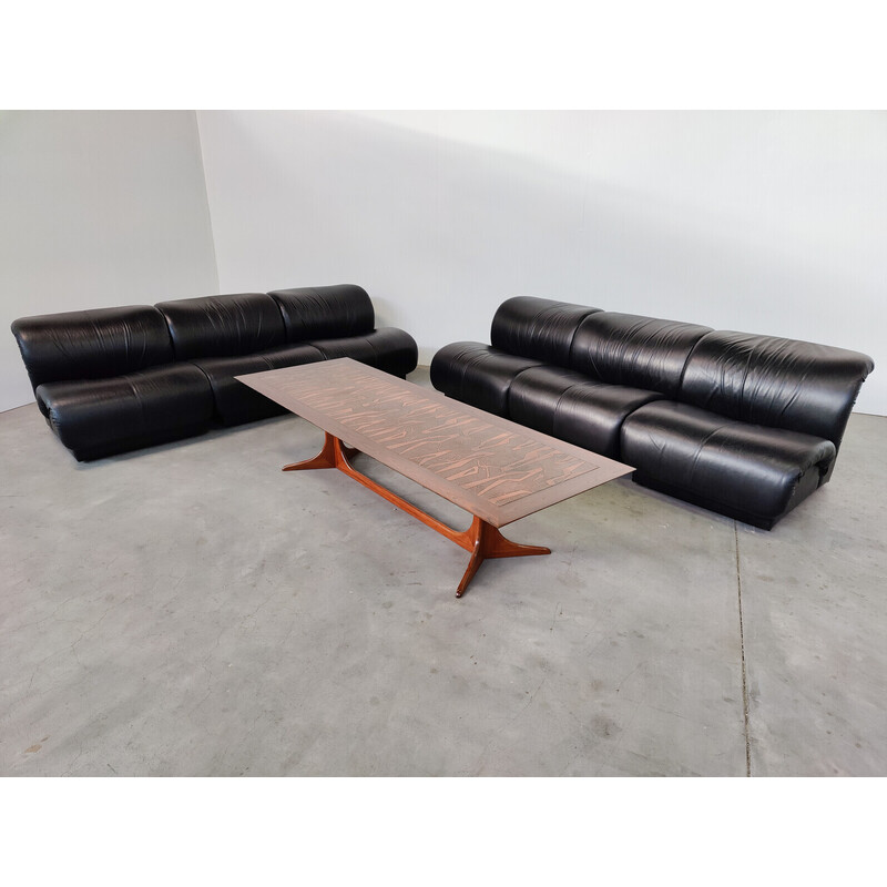 Mid-century black leather living room set by Doimo Salotti, Italy 1970s