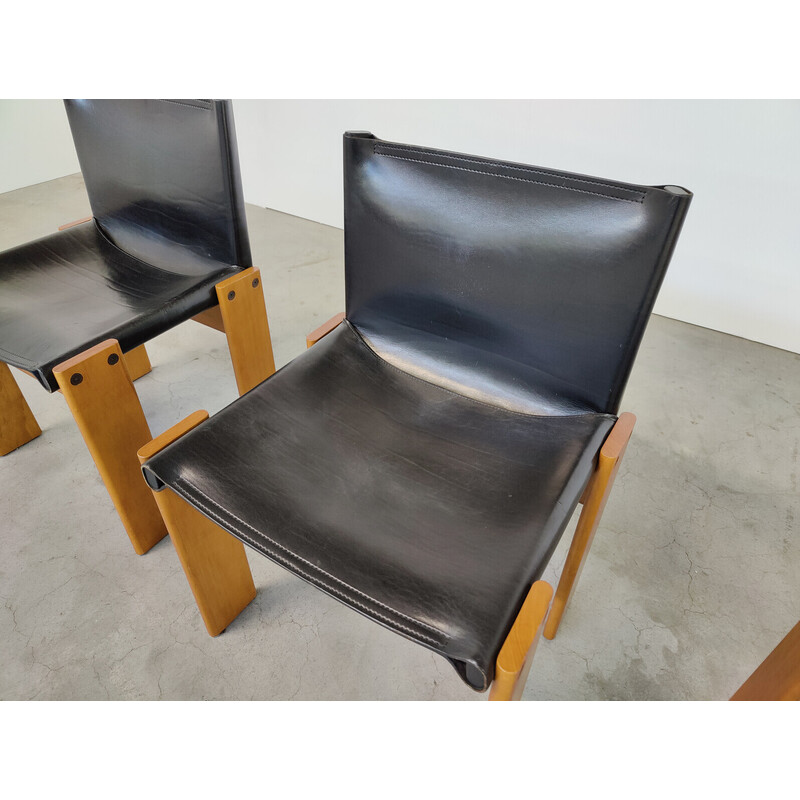 Set of 4 vintage black leather chairs model "Monk" by Afra and Tobia Scarpa for Molteni, Italy 1970s