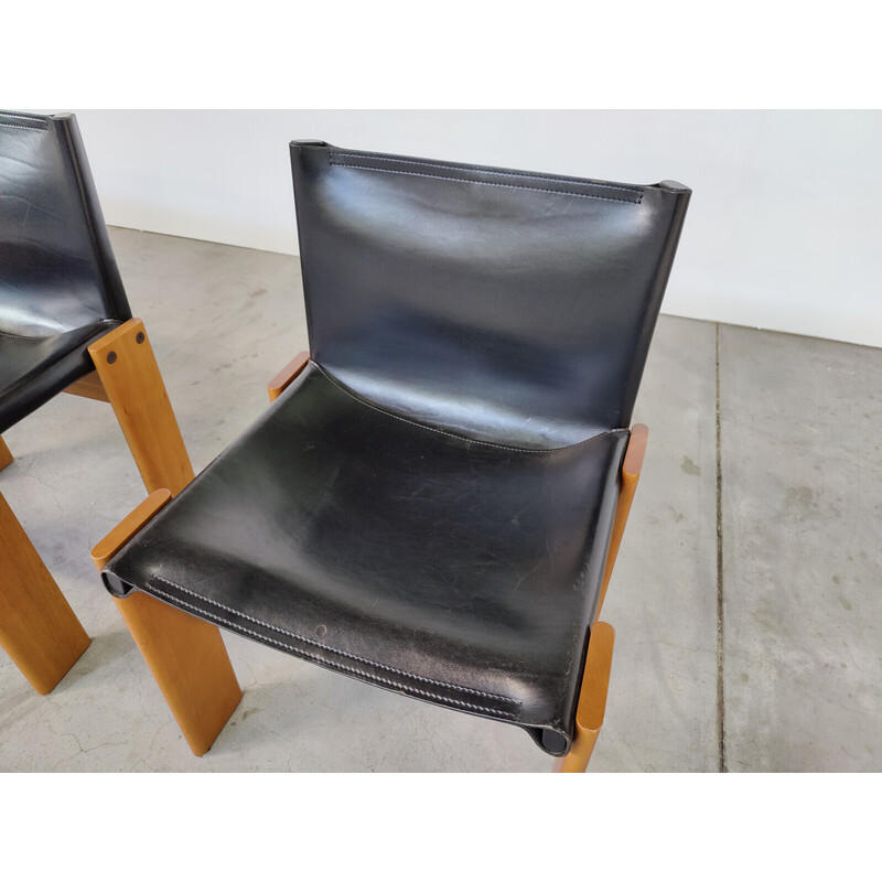Ensemble de 4 chaises vintage en cuir noir modèle "Monk" par Afra et Tobia Scarpa pour Molteni, Italie 1970