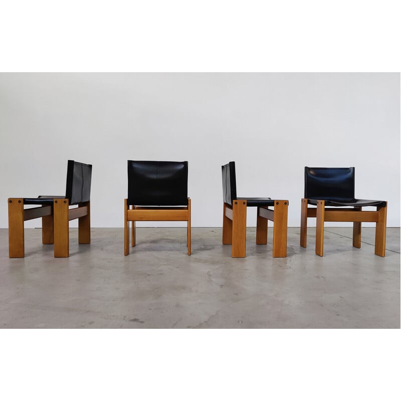 Set of 4 vintage black leather chairs model "Monk" by Afra and Tobia Scarpa for Molteni, Italy 1970s