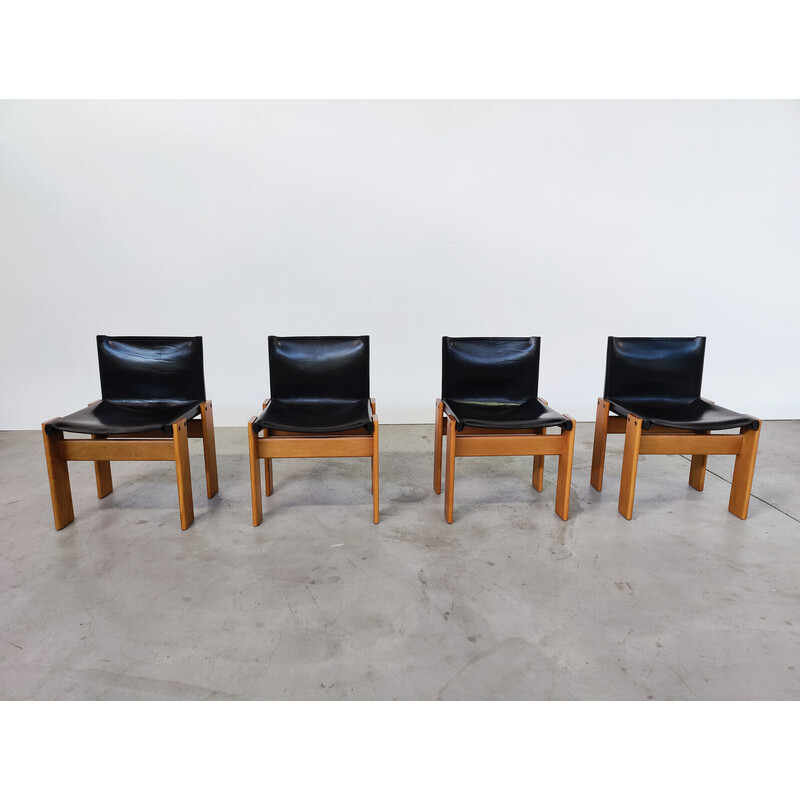 Set of 4 vintage black leather chairs model "Monk" by Afra and Tobia Scarpa for Molteni, Italy 1970s