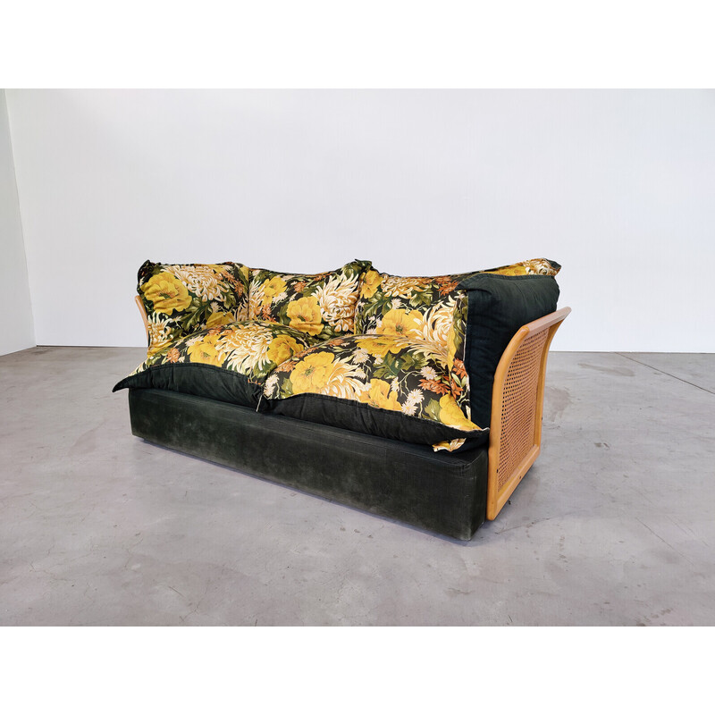 Italienisches Sofa aus der Mitte des Jahrhunderts aus Rattan und Stoff, 1970er Jahre