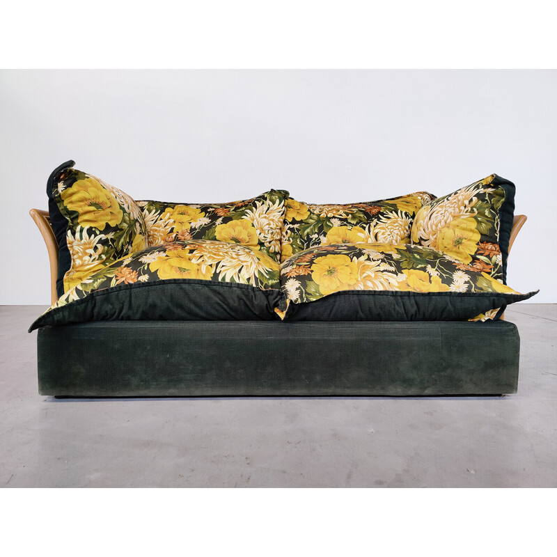 Mid-century Italian sofa in rattan and fabric, 1970s
