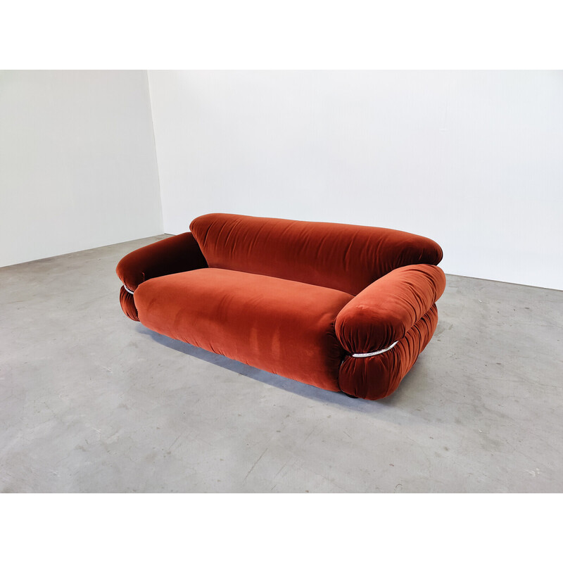 Vintage Sesann sofa in orange velvet by Gianfranco Frattini for Cassina, Italy 1970s