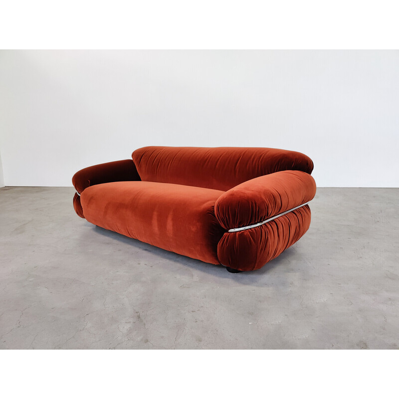 Vintage Sesann sofa in orange velvet by Gianfranco Frattini for Cassina, Italy 1970s