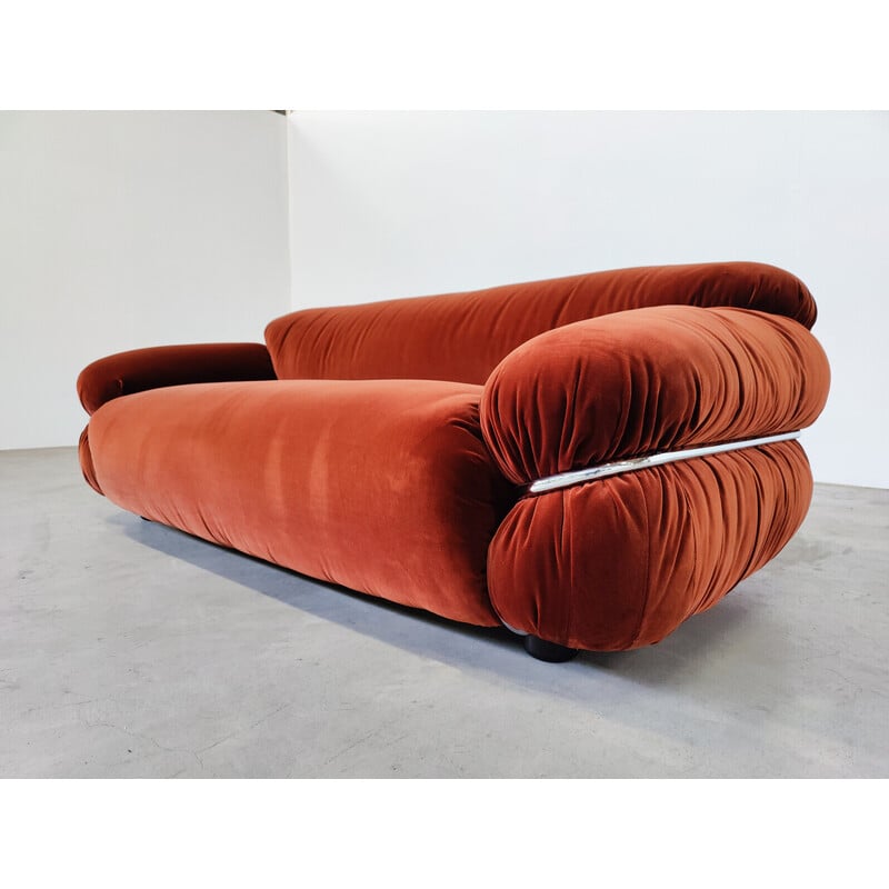 Vintage Sesann sofa in orange velvet by Gianfranco Frattini for Cassina, Italy 1970s