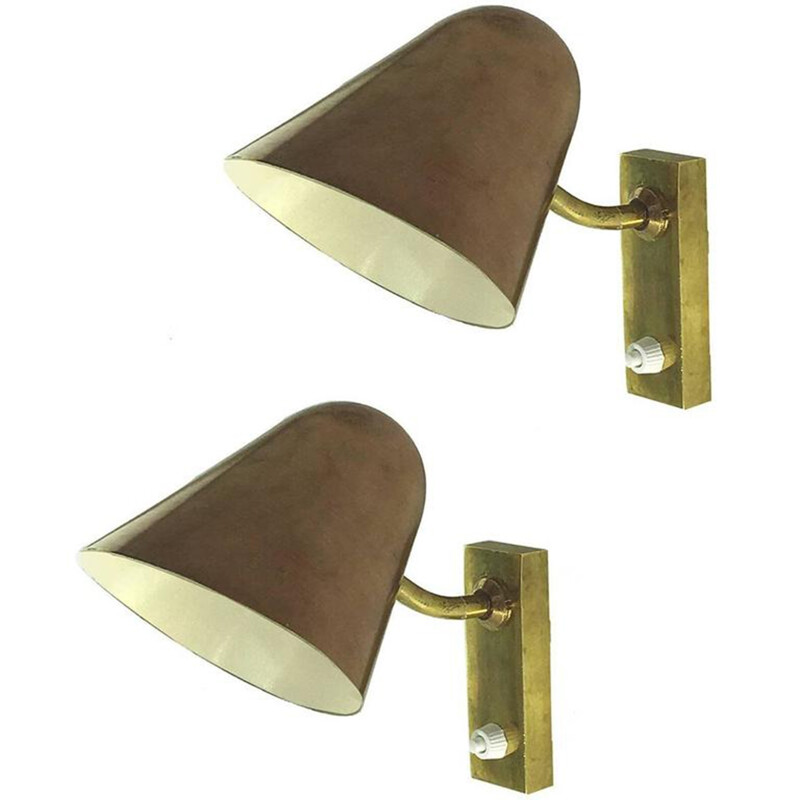 Pair of copper and bronze  conical wall lamps - 1940s