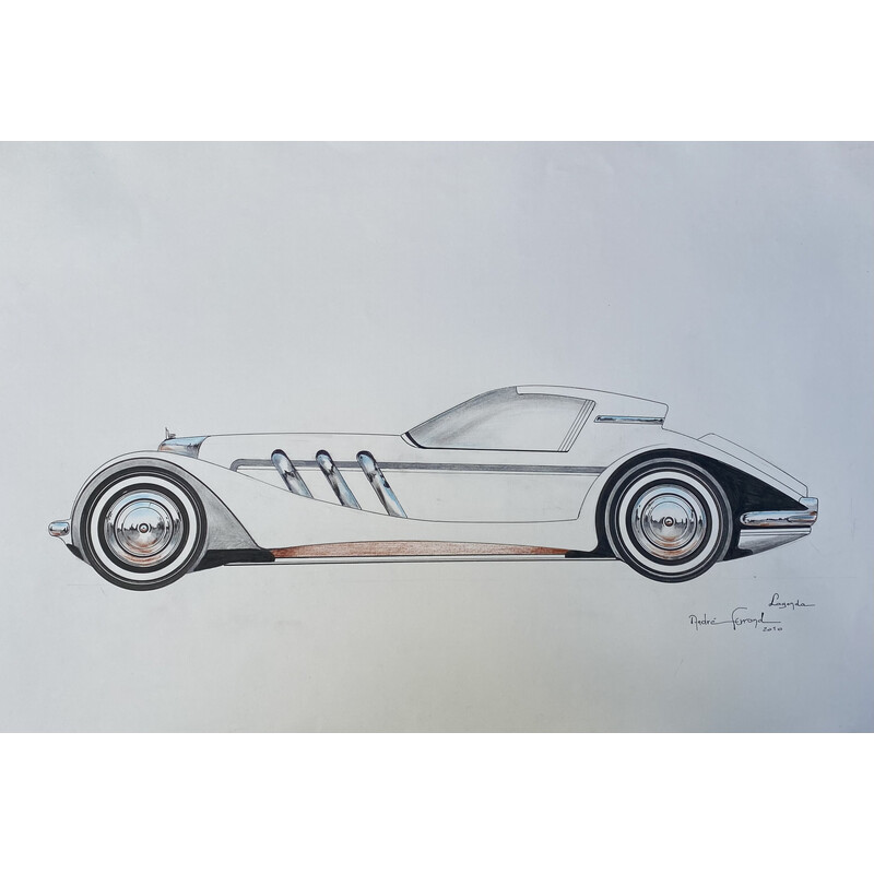 Vintage drawing "Lagonda car" by André Ferrand, 2010