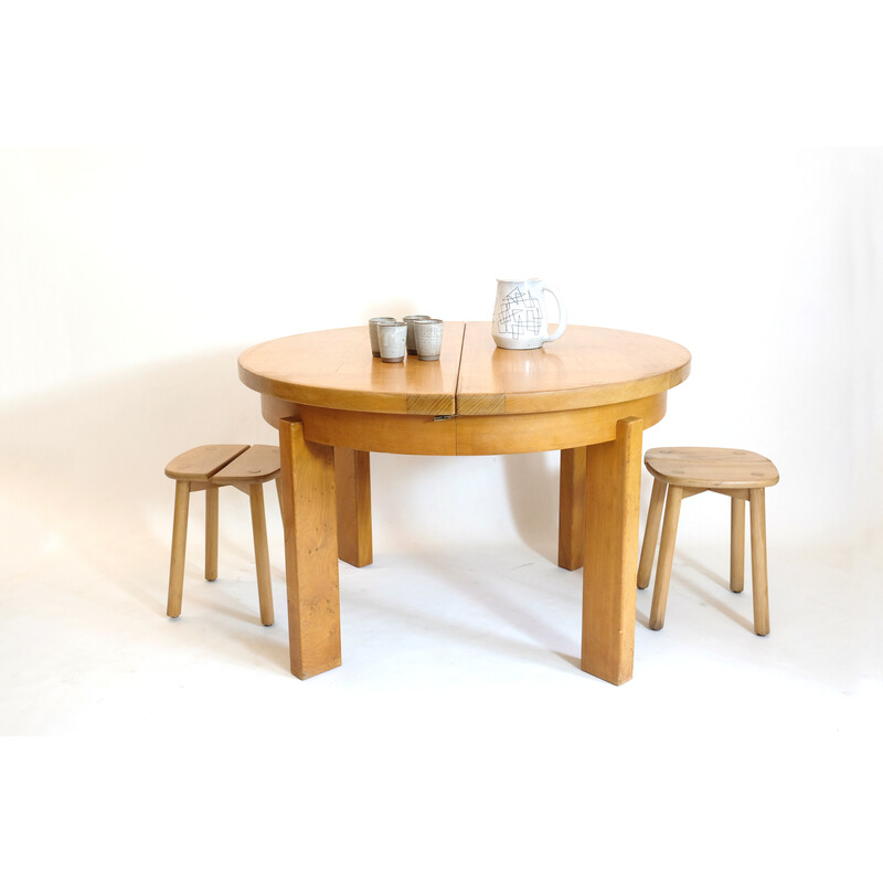 Vintage round table with one extension leaf by Maison Regain, 1970