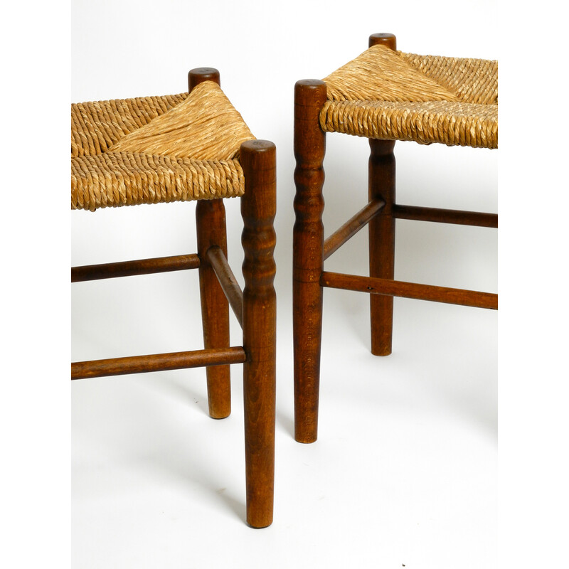 Pair of mid century oakwood stools with rush weave, 1950s