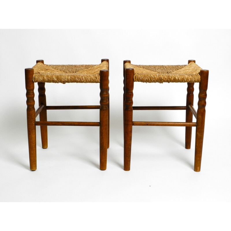 Pair of mid century oakwood stools with rush weave, 1950s