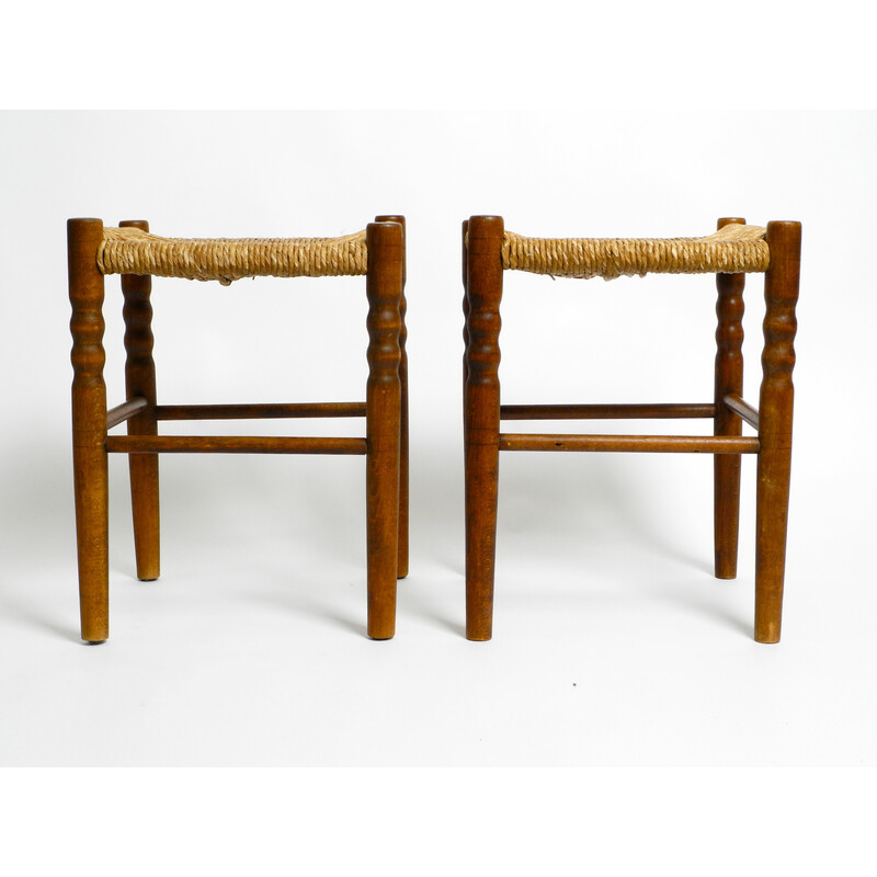 Pair of mid century oakwood stools with rush weave, 1950s