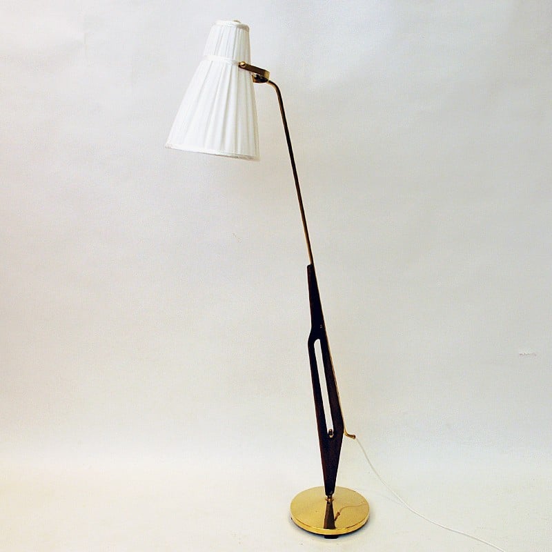 Swedish vintage brass and teak floor lamp by Hans Bergström for Asea, 1950s