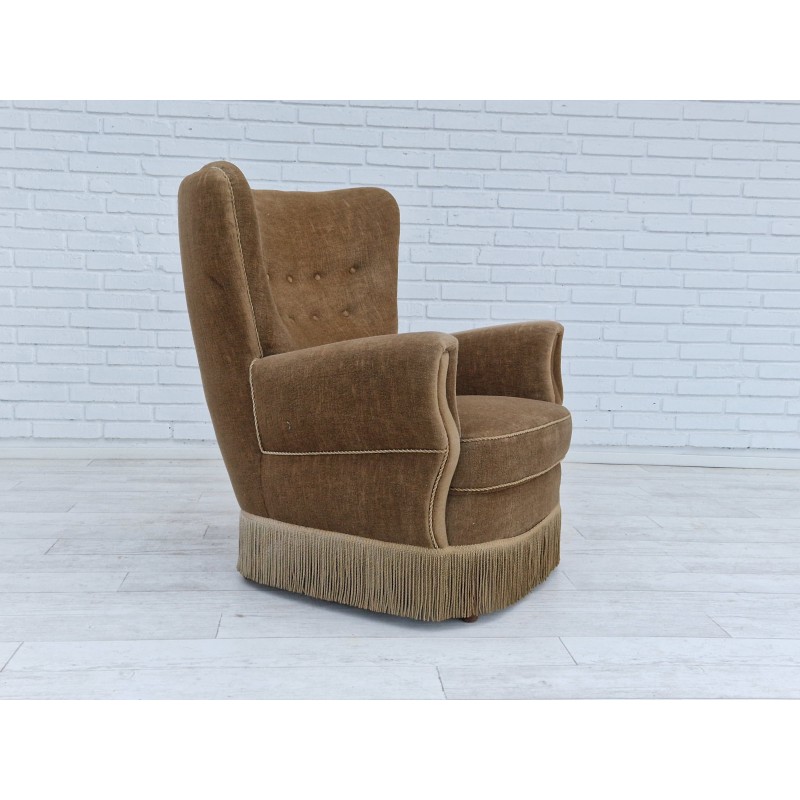 Cadeira de braços dinamarquesa Vintage em madeira de veludo e faia, década de 1970