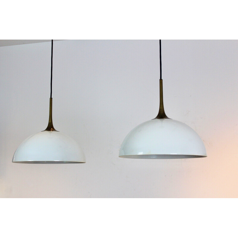 Pair of vintage brass and white-opal glass pendant lamps by Florian Schulz, Germany