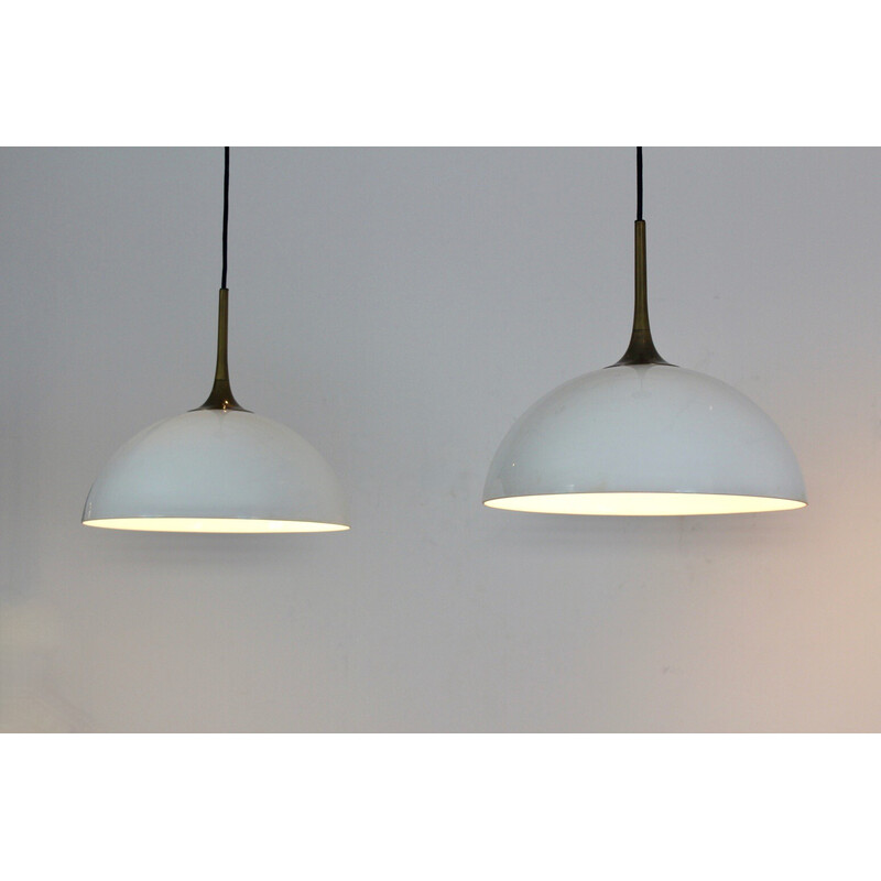 Pair of vintage brass and white-opal glass pendant lamps by Florian Schulz, Germany