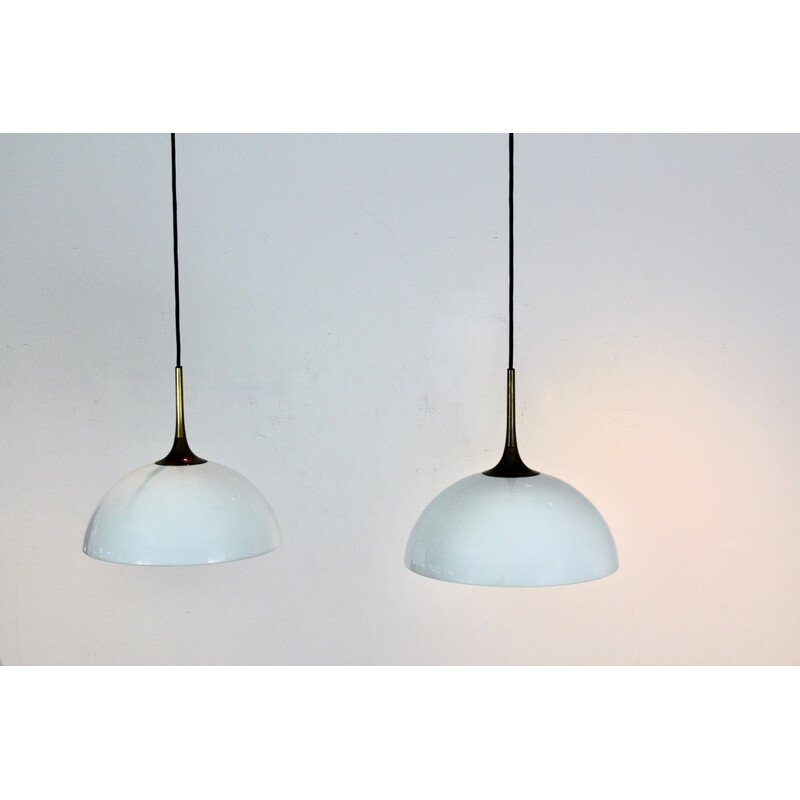 Pair of vintage brass and white-opal glass pendant lamps by Florian Schulz, Germany