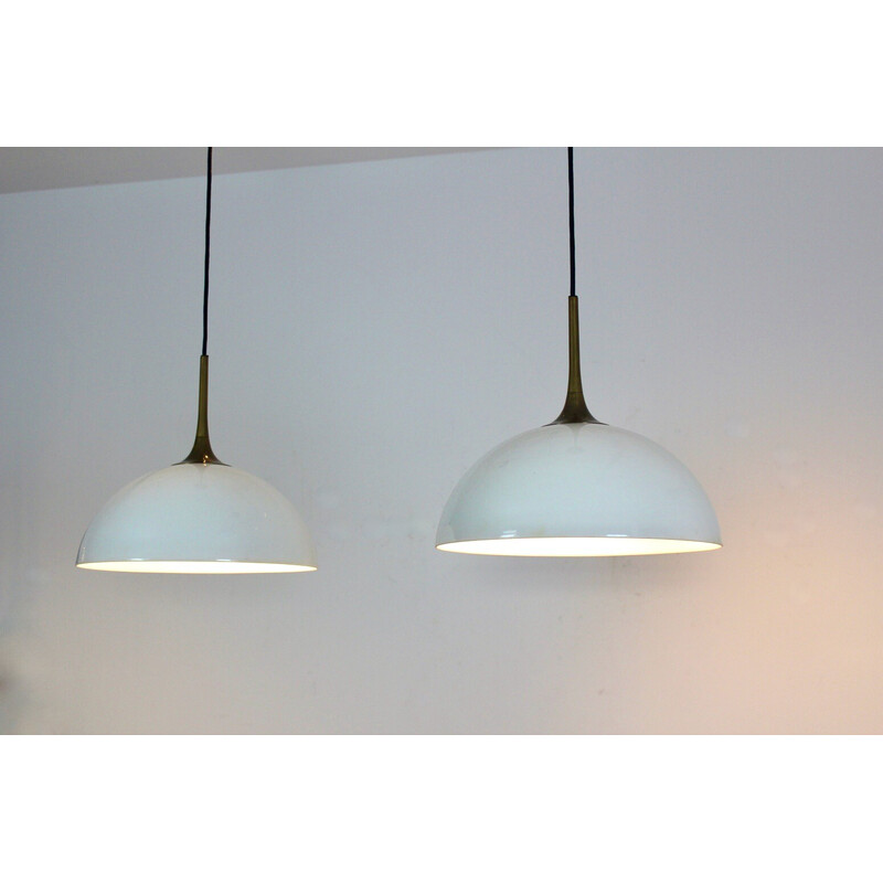 Pair of vintage brass and white-opal glass pendant lamps by Florian Schulz, Germany