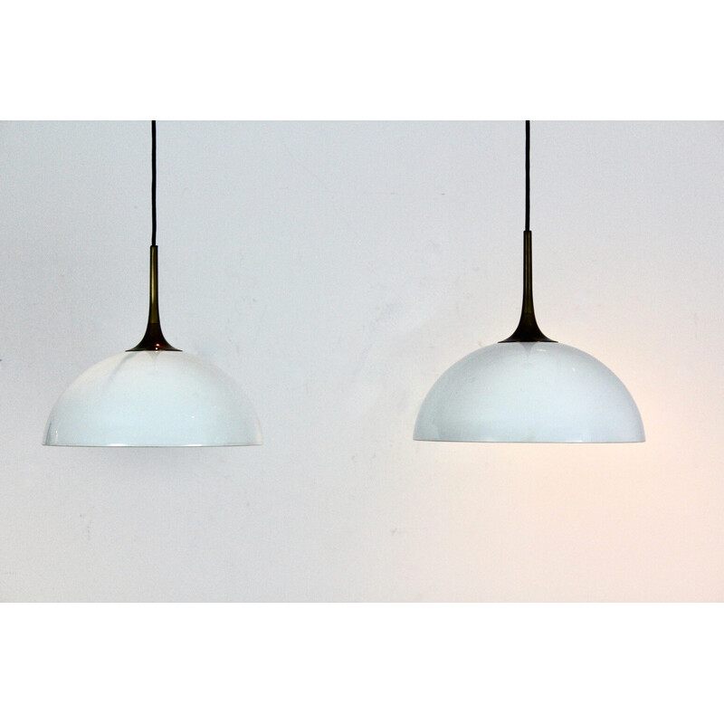 Pair of vintage brass and white-opal glass pendant lamps by Florian Schulz, Germany