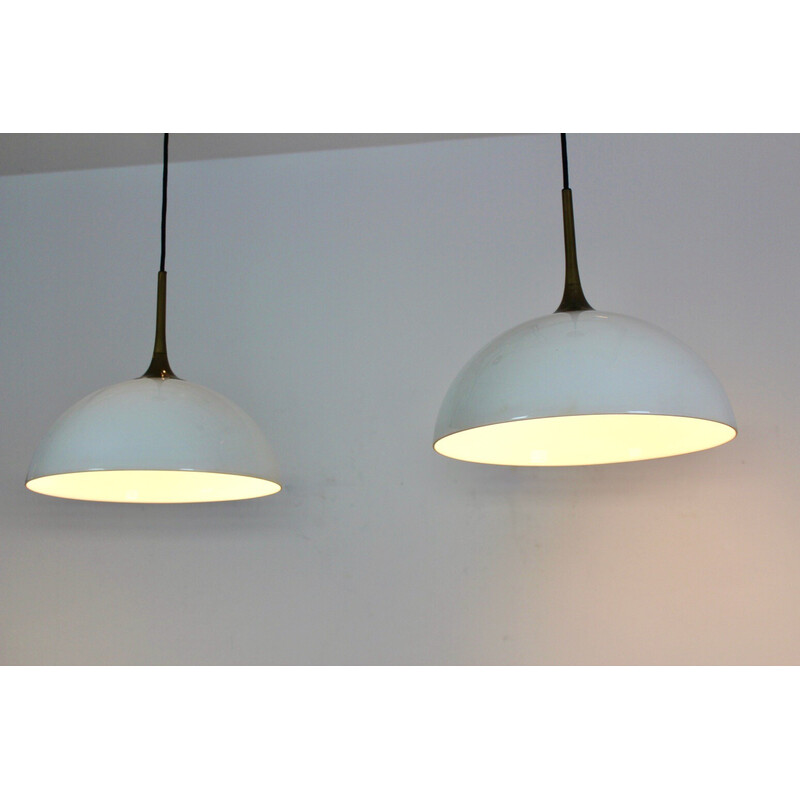 Pair of vintage brass and white-opal glass pendant lamps by Florian Schulz, Germany