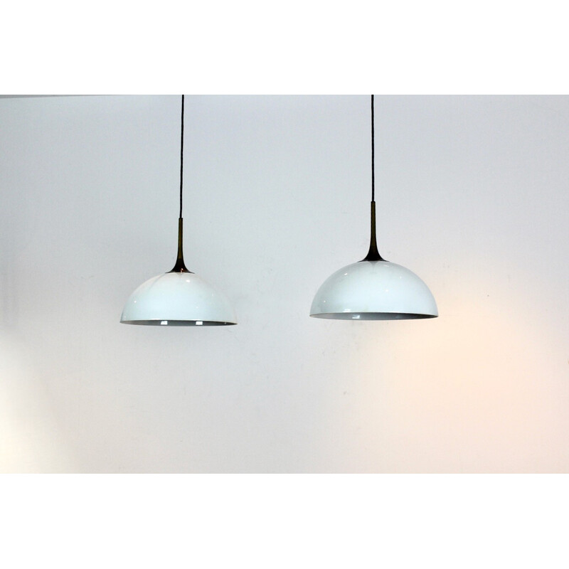 Pair of vintage brass and white-opal glass pendant lamps by Florian Schulz, Germany