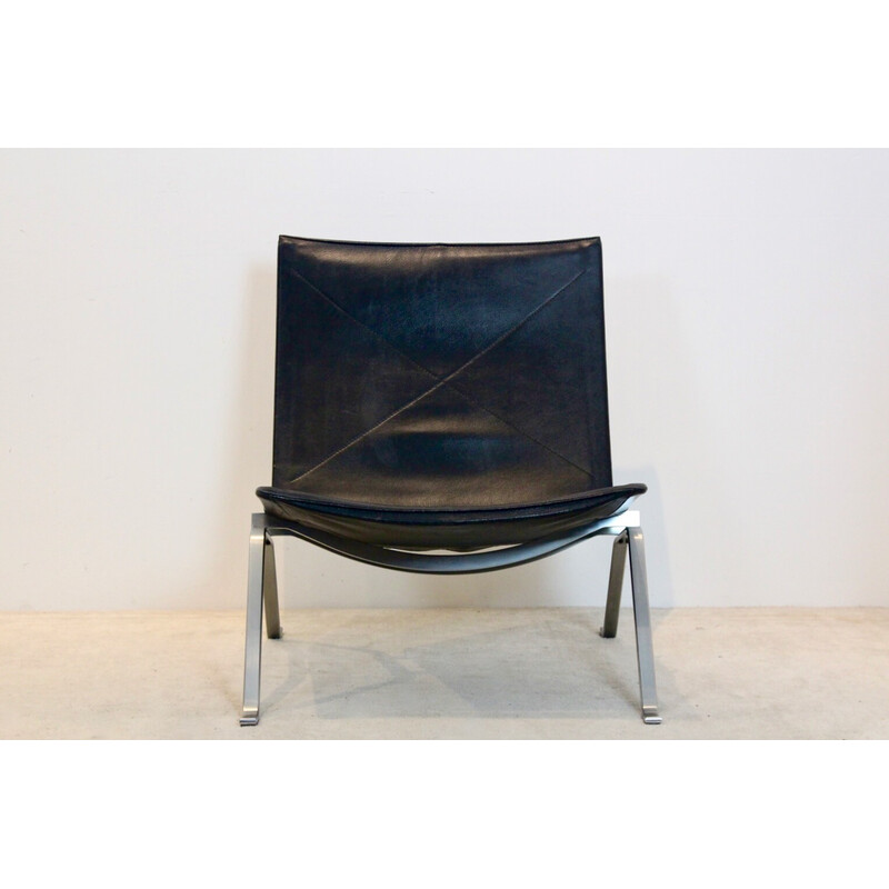 Vintage zwart lederen Pk22 fauteuil van Poul Kjærholm voor Fritz Hansen, Denemarken 1993