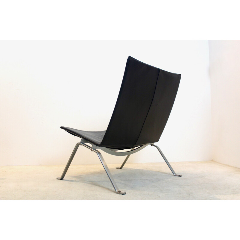 Vintage zwart lederen Pk22 fauteuil van Poul Kjærholm voor Fritz Hansen, Denemarken 1993