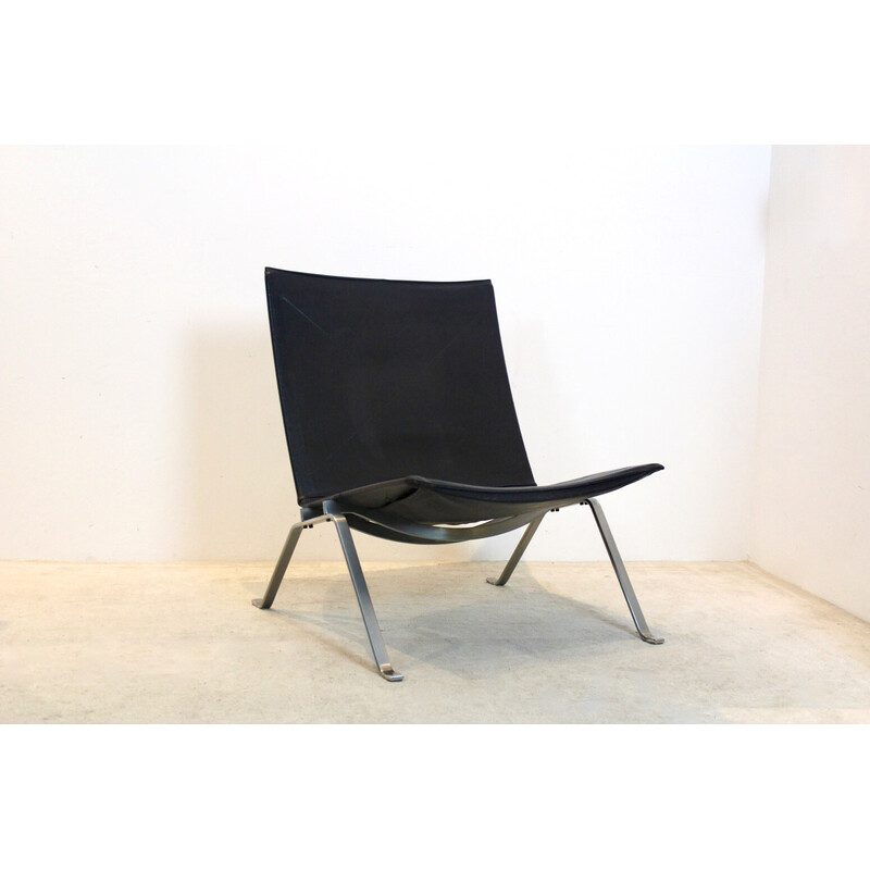 Vintage zwart lederen Pk22 fauteuil van Poul Kjærholm voor Fritz Hansen, Denemarken 1993