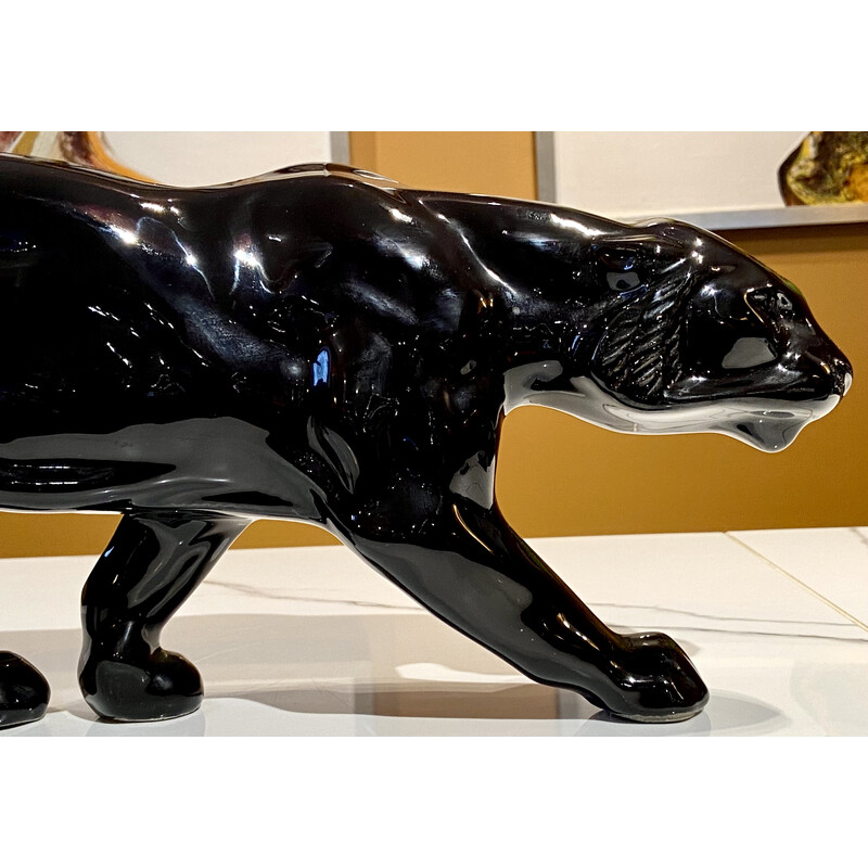 Vintage black ceramic tiger, France 1950