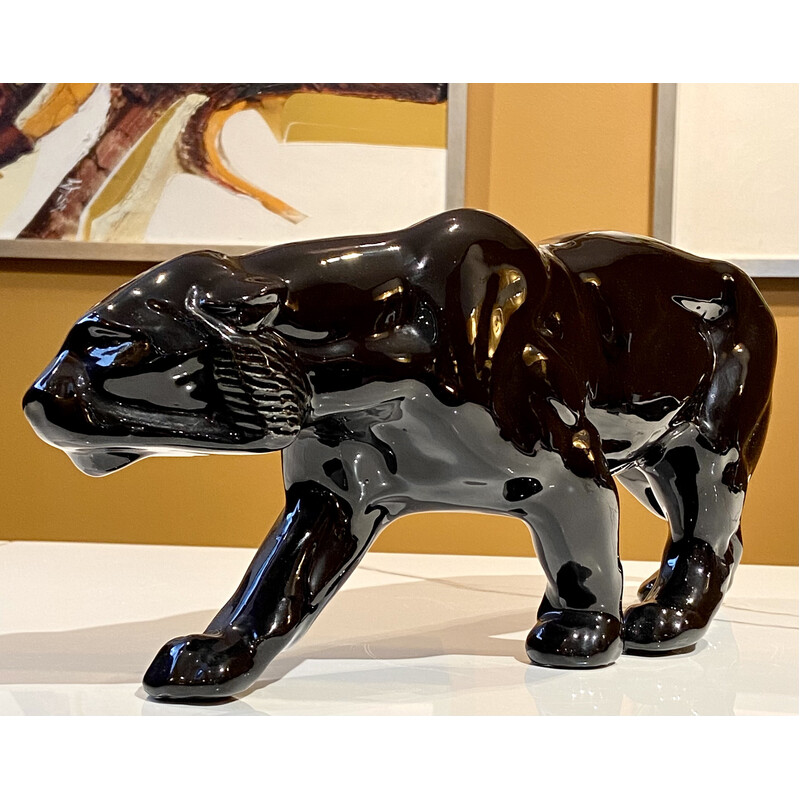 Vintage black ceramic tiger, France 1950