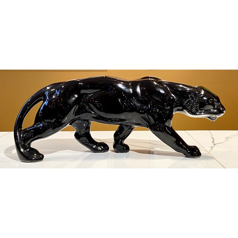 Vintage black ceramic tiger, France 1950