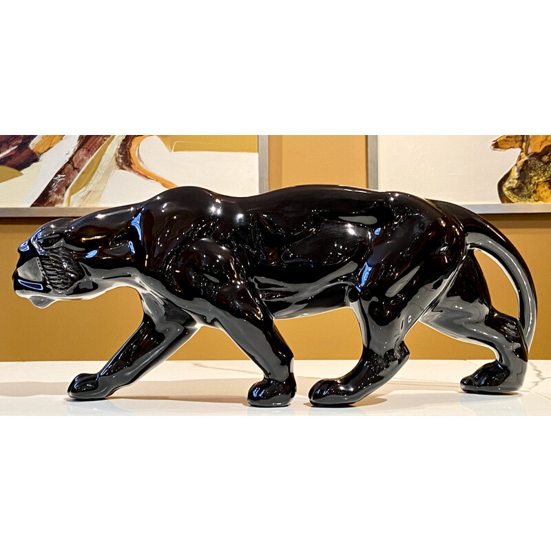 Vintage black ceramic tiger, France 1950