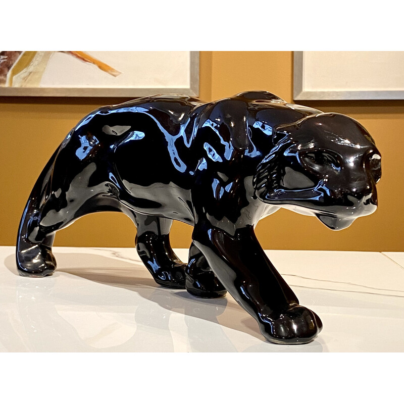 Vintage black ceramic tiger, France 1950