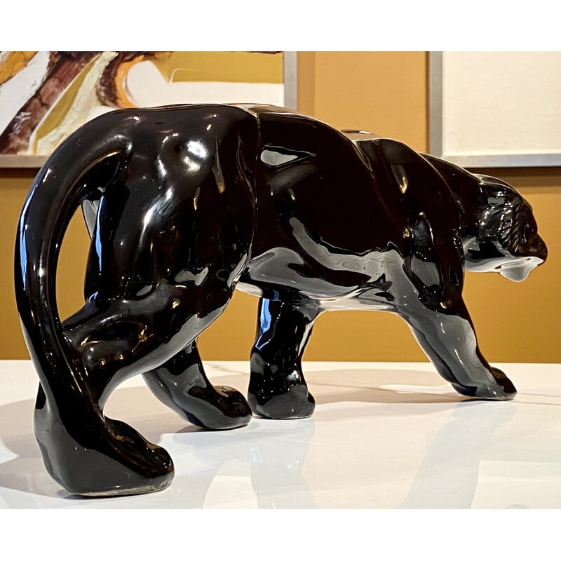 Vintage black ceramic tiger, France 1950