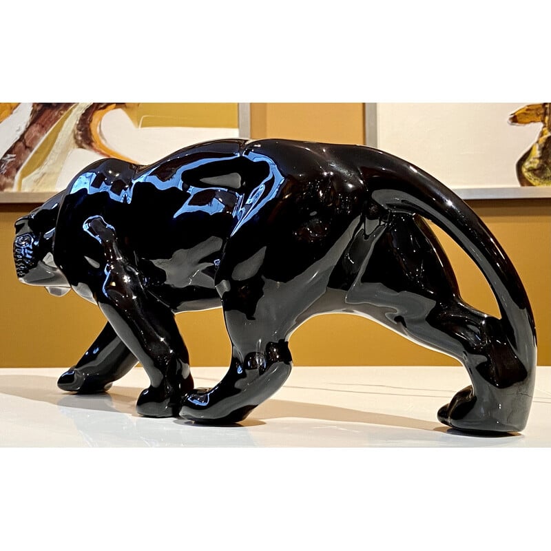 Vintage black ceramic tiger, France 1950