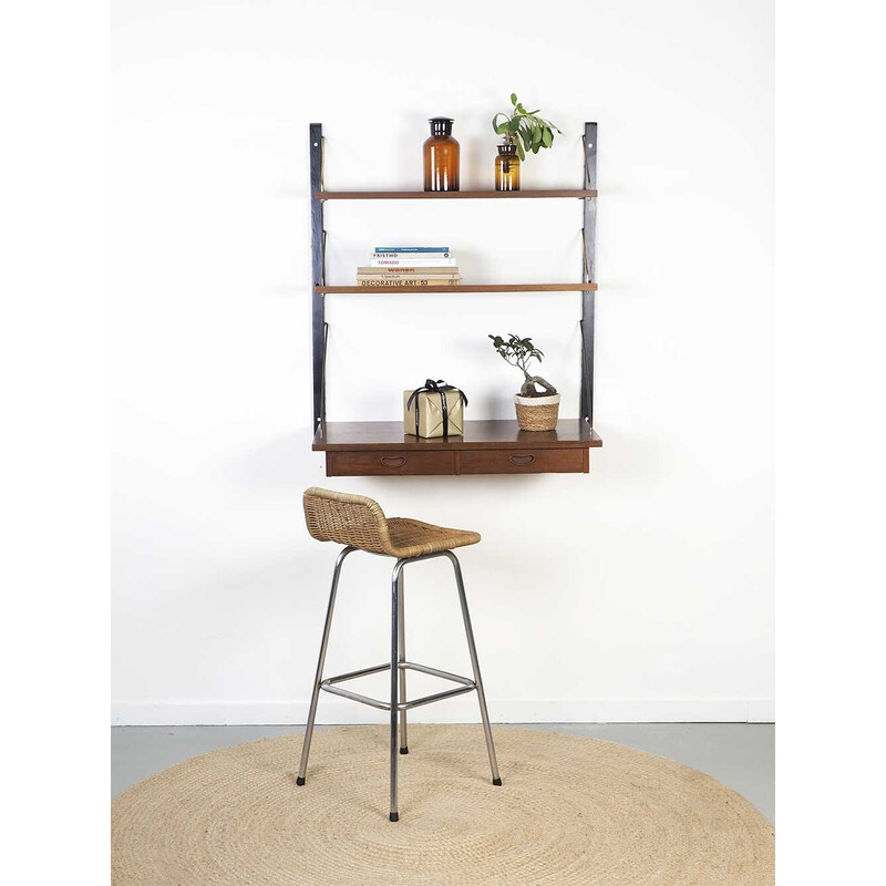 Sistema danés vintage de pared con escritorio, cajones y estantes