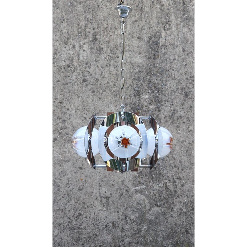 Murano chandelier with 4 orange and white globes by Mazzega - 1990s