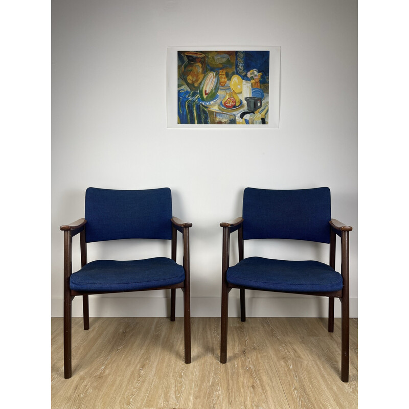 Pair of vintage Scandinavian solid wood and blue fabric armchairs, 1960