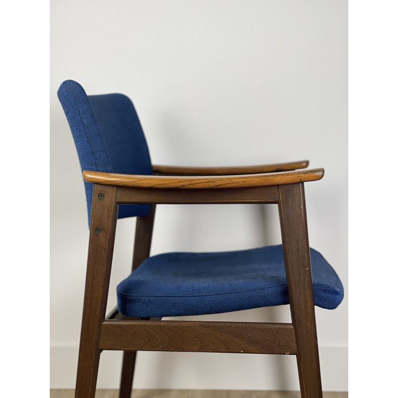 Pair of vintage Scandinavian solid wood and blue fabric armchairs, 1960